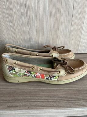 Sperry Tan Leather Moccasins with Floral Side Panel